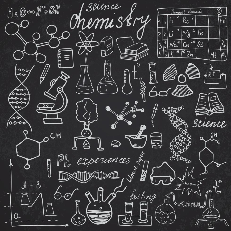 Conjunto de iconos de garabatos de elementos de química y ciencia boceto dibujado a mano con fórmulas de microscopio experimentos equipos herramientas de análisis ilustración vectorial vector