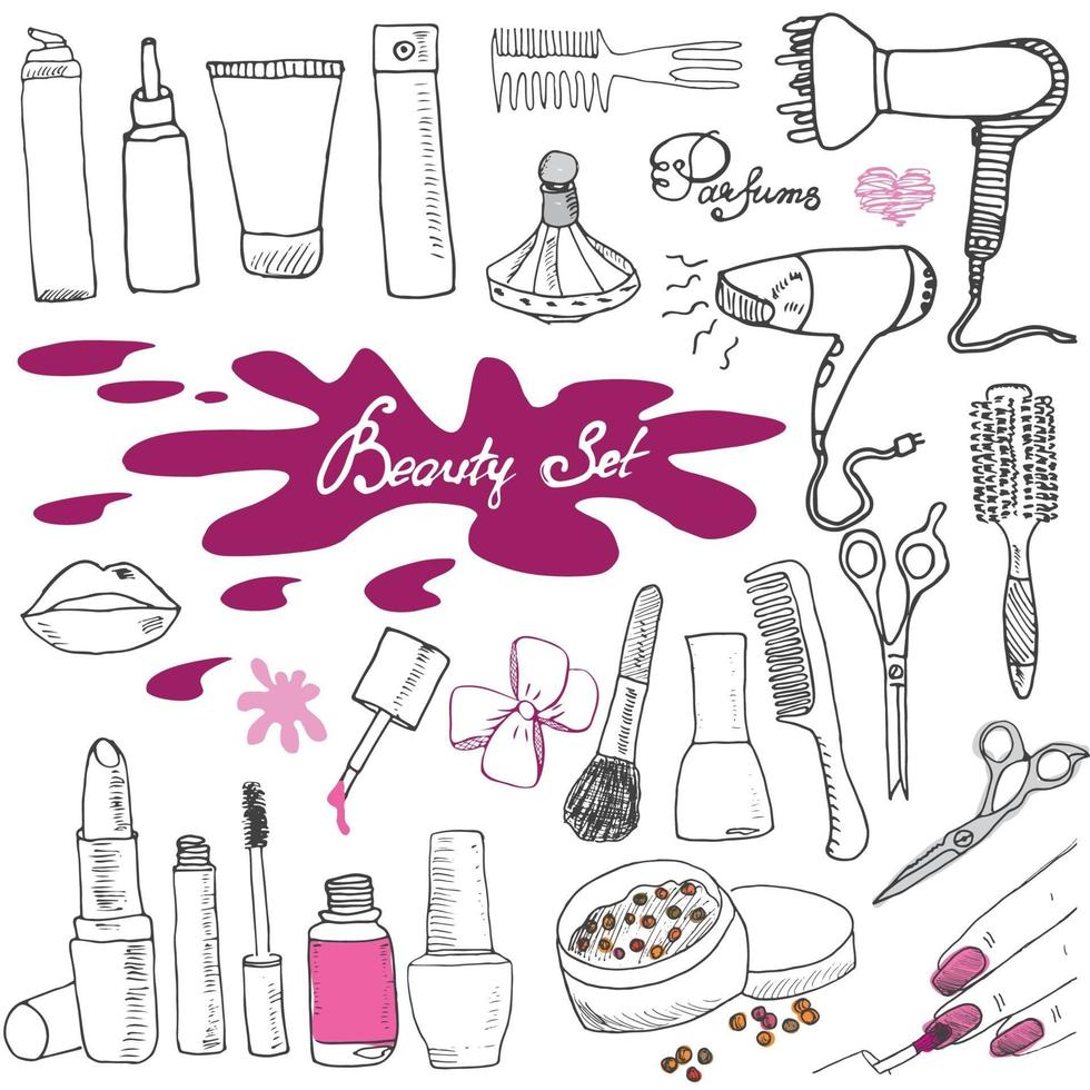 Colección dibujada a mano de cosméticos de maquillaje y artículos de belleza con cepillos para el cabello, secadores, lápiz labial y uñas, ilustración aislada vector