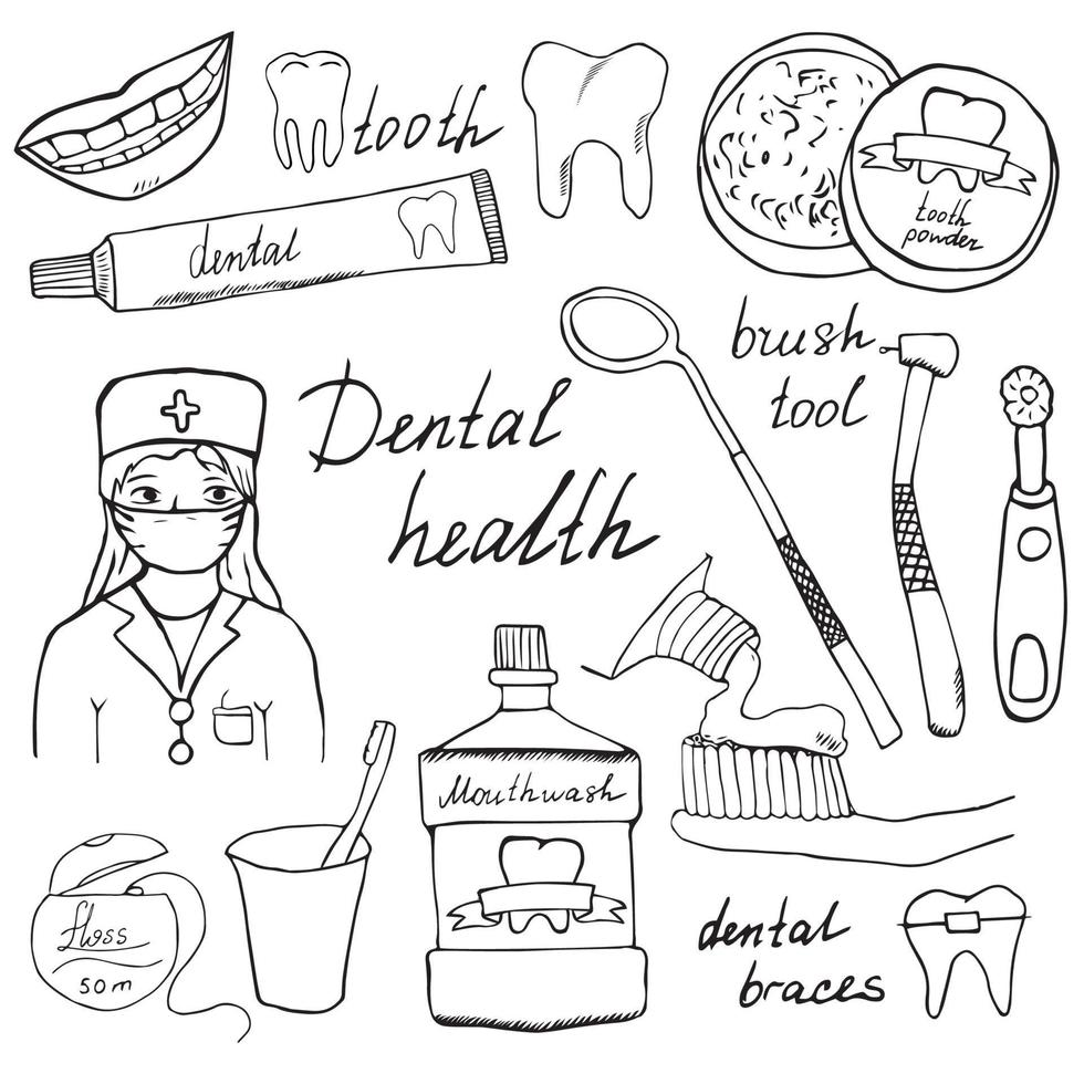 salud dental garabatos iconos conjunto boceto dibujado a mano con dientes pasta de dientes cepillo de dientes dentista enjuague bucal e hilo dental ilustración vectorial aislado vector