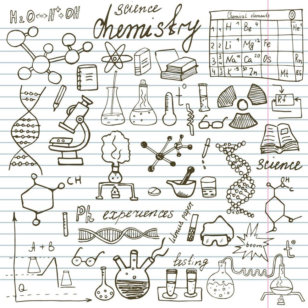 Chemistry and science elements doodles icons set Hand drawn sketch with microscope formulas experiments equipment analysis tools vector illustrationon paper notebook background