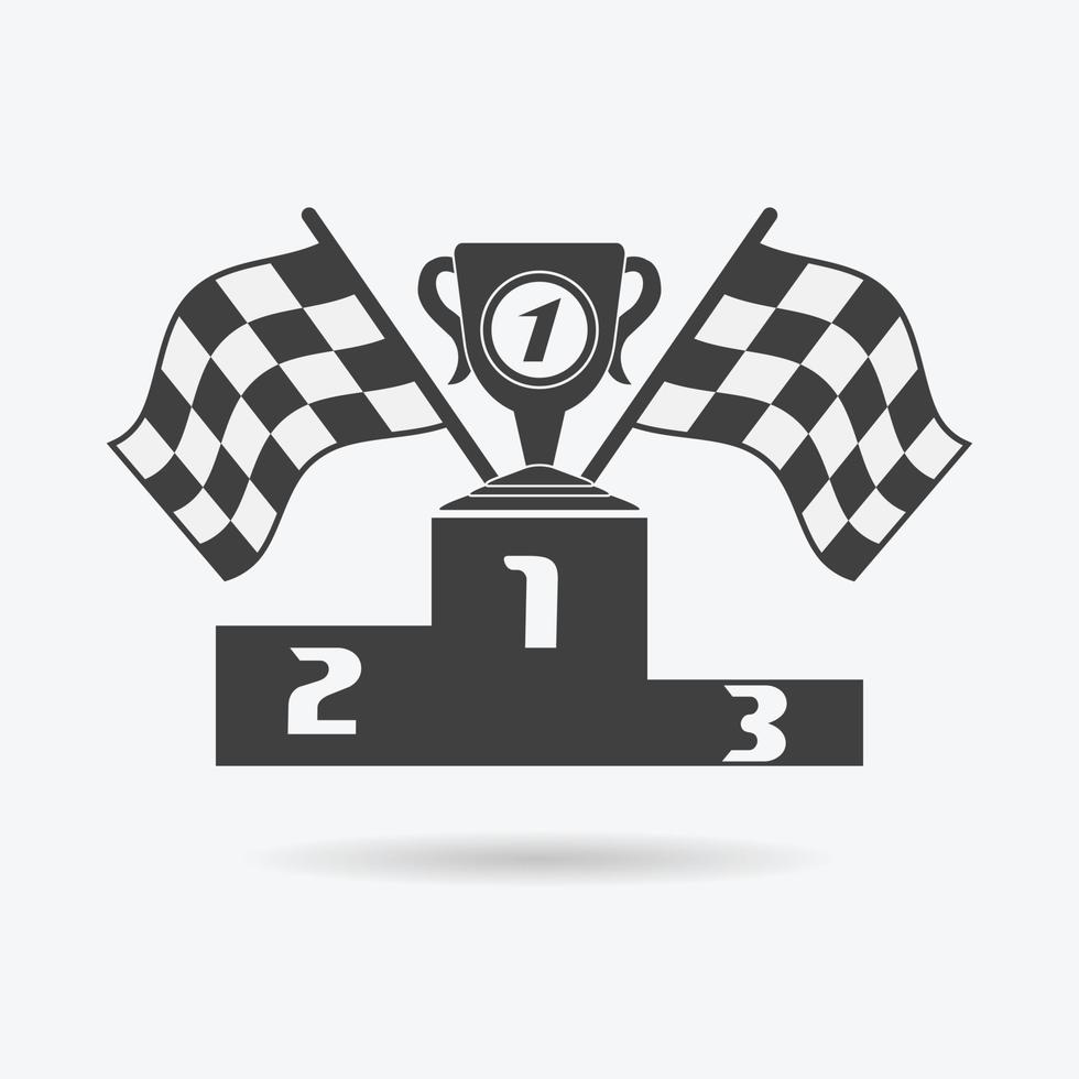 Flag icon Checkered or racing flags first place prize cup and finish ribbon Sport auto speed and success competition and winner race rally vector illustration