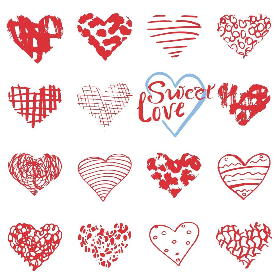Hand drawn hearts symbols and lettering for Valentines day Sketched doodle elements for wedding invitations scrapbook cards posters gift wraps vector