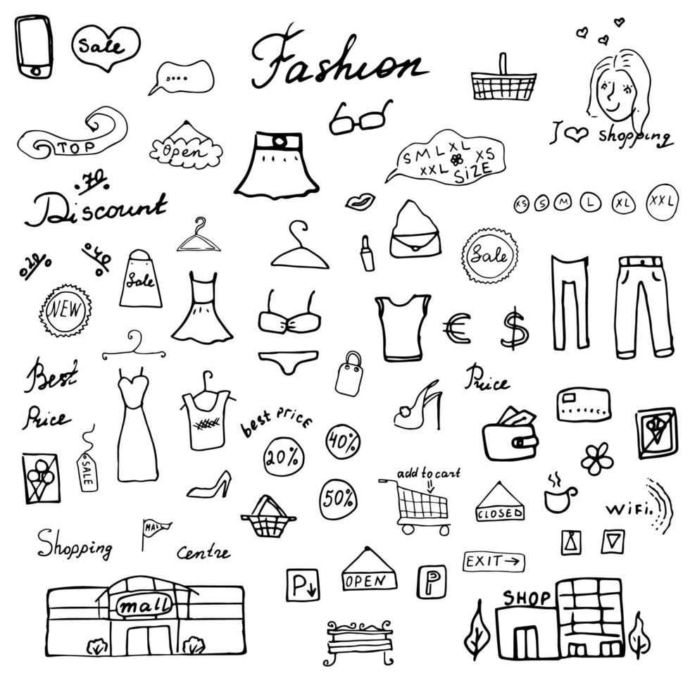 Fashion collection Sketchy Doodles set with Lettering Hand Drawn Vector Illustration Design Elements on Lined Sketchbook Paper Background