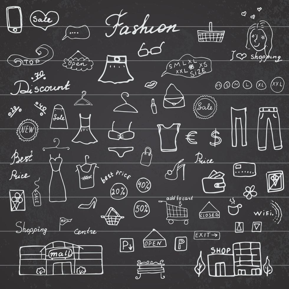 Fashion collection Sketchy Doodles set with Lettering Hand Drawn Vector Illustration Design Elements on Lined Sketchbook on chalkboard background