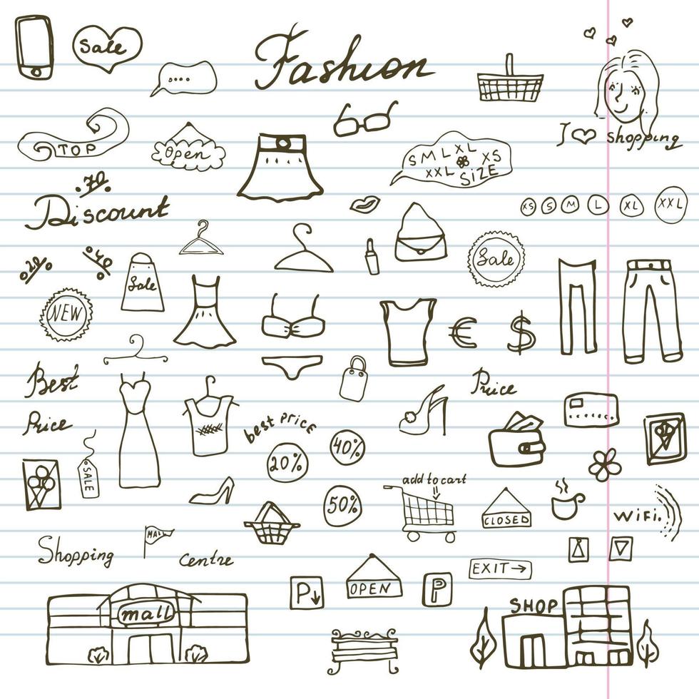 Fashion collection Sketchy Doodles set with Lettering Hand Drawn Vector Illustration Design Elements isolated on white Background