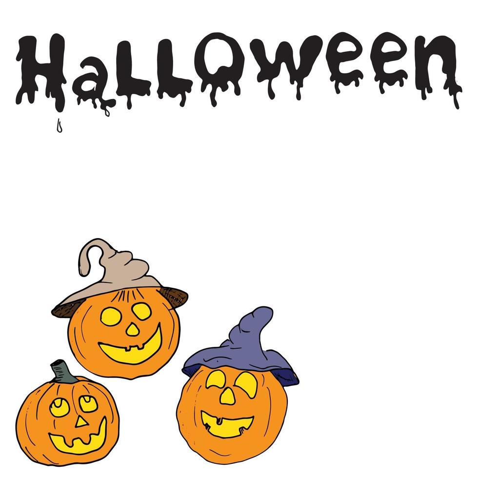 Sketch of Halloween pumpkin Doodles set with Lettering Hand Drawn Vector Illustration card