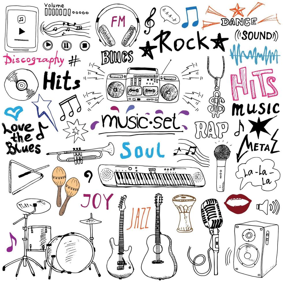 Music items doodle icons set Hand drawn sketch with notes instruments microphone guitar headphone drums music player and music styles lettering signs vector illustration isolated