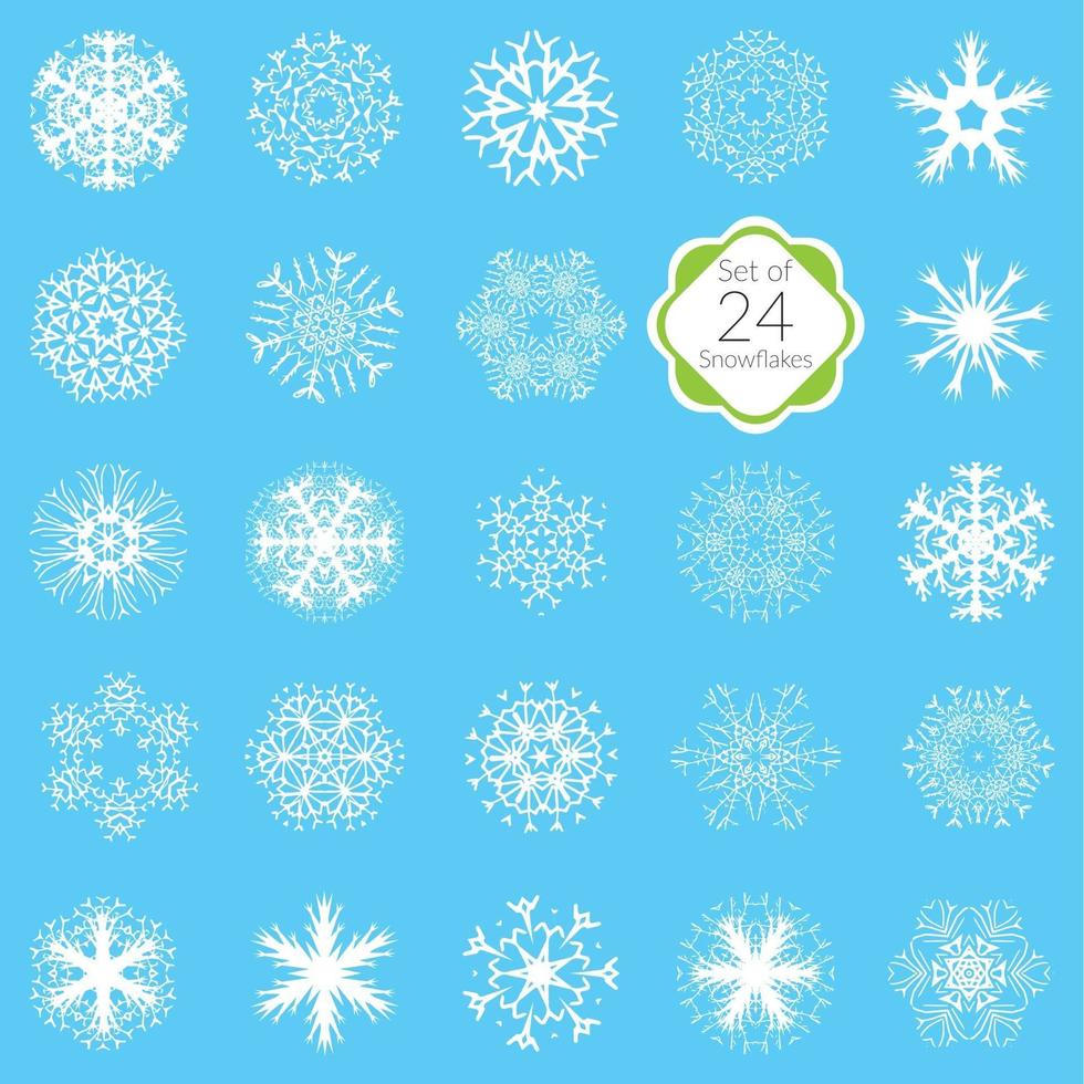 Vector illustration snowflakes set various designs symmetrical snow crystals made from hand drawn elements
