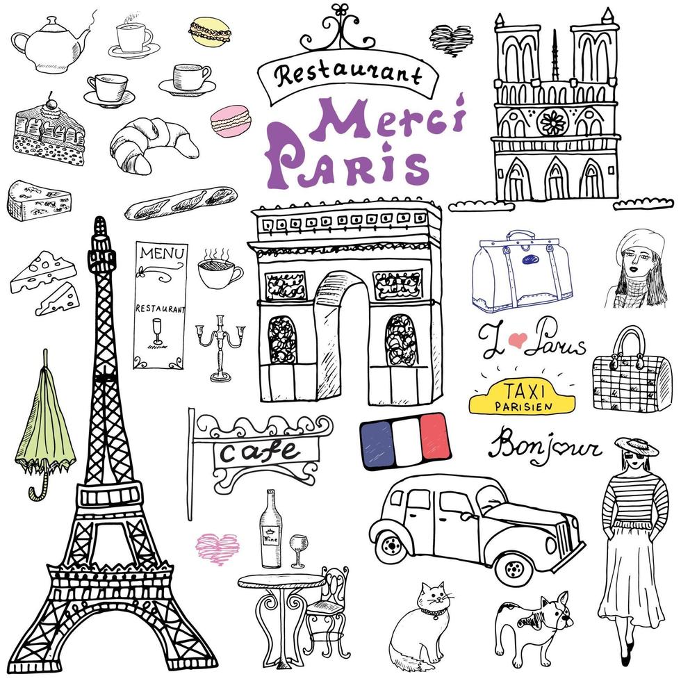 Paris doodles elements Hand drawn set with Eiffel tower bred cafe taxi triumph arch fashion elements cat and French bulldog Drawing doodle collection and lettering isolated on white vector