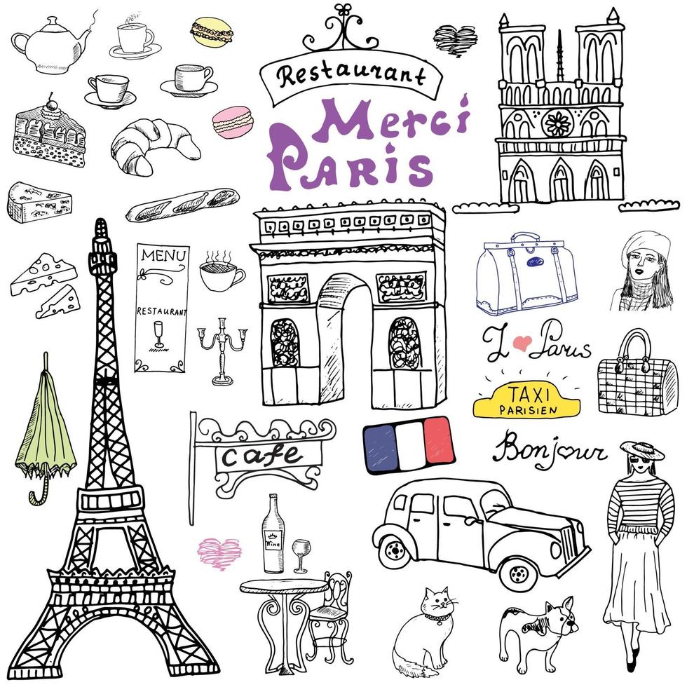 parís garabatos elementos dibujados a mano conjunto con torre eiffel criado café taxi triunfo arco elementos de moda gato y bulldog francés dibujo colección de garabatos y letras aisladas en blanco vector