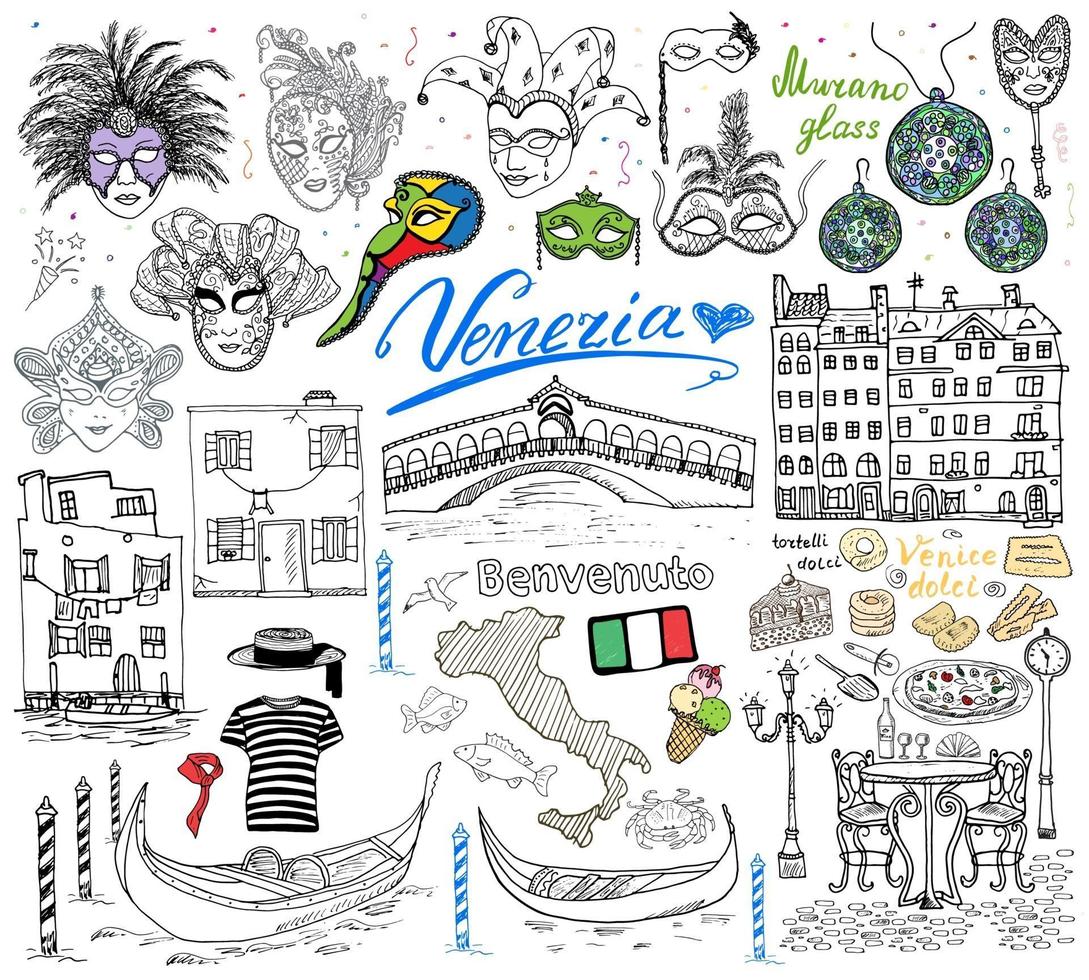 Venice Italy sketch elements Hand drawn set with flag map gondolas gondolier clothes houses pizza traditional sweets carnival venetian masks market bridge Drawing doodle collection isolated vector