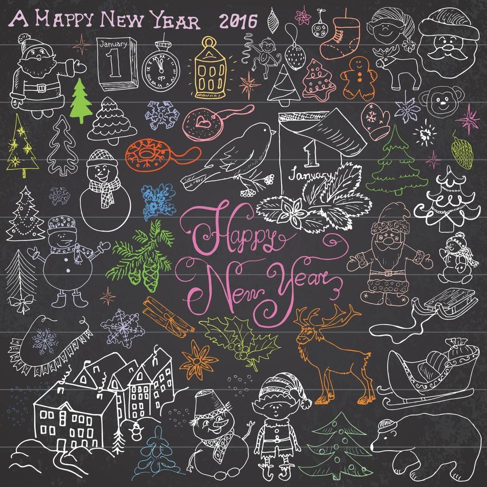 Hand drawn Sketch design of happy new year Doodles with Lettering set with Christmas trees snowflakes snowman elfs deer Santa Claus and festive elements Vector Illustration on chalkboard