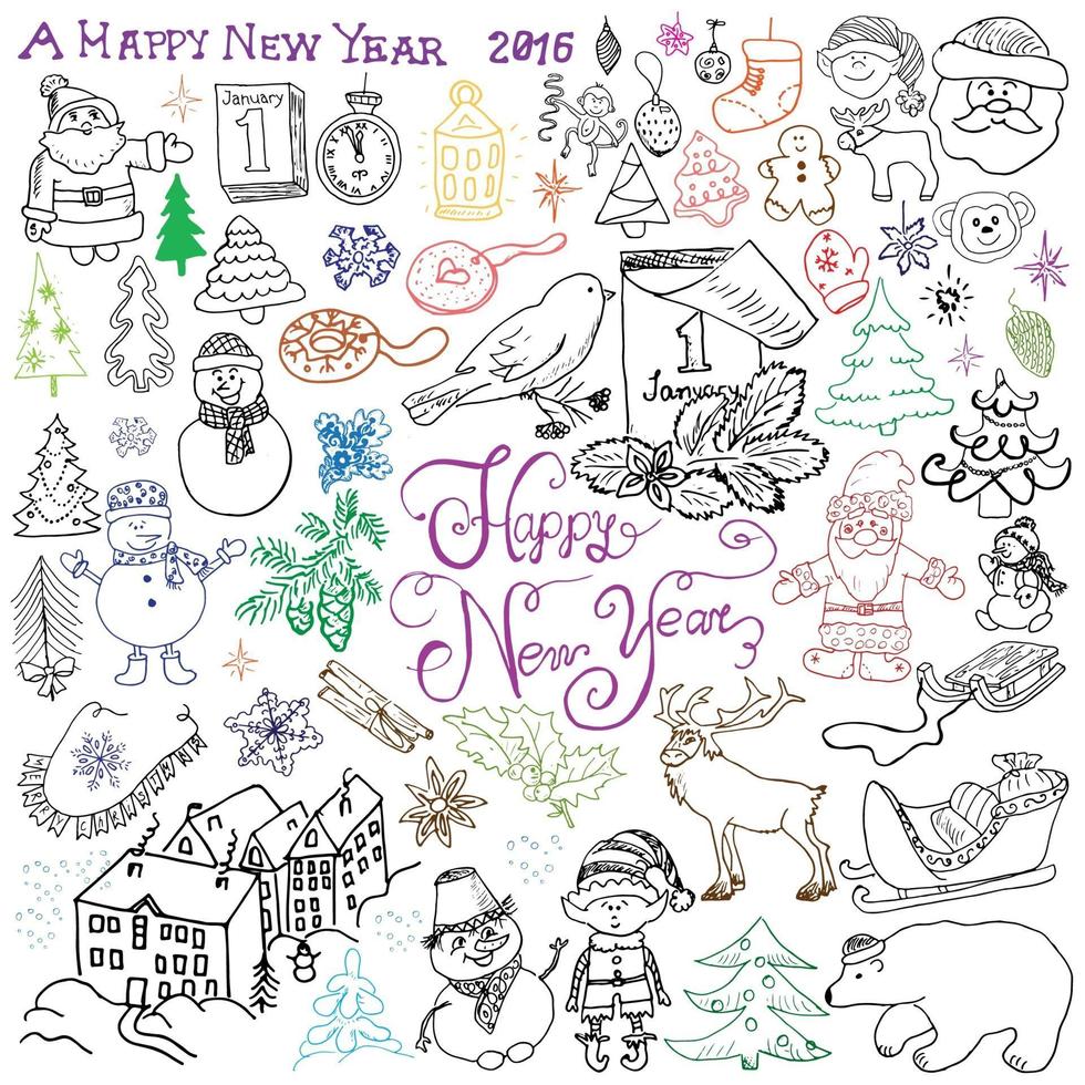 Hand drawn Sketch design of happy new year Doodles with Lettering set with Christmas trees snowflakes snowman elf deer Santa Claus and festive elements Vector Illustration on chalkboard