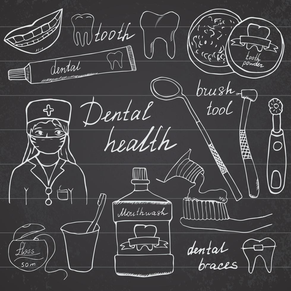 Dental health doodles icons set Hand drawn sketch with teeth toothpaste toothbrush dentist mouth wash and floss vector illustration on chalkboard background