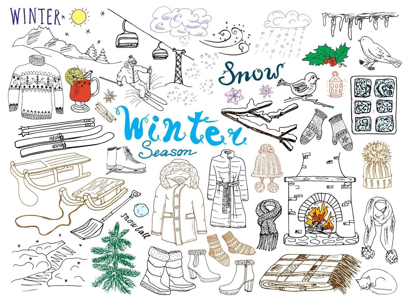 Winter season set doodles elements Hand drawn set with glass hot wine boots clothes fireplace mountains ski and sledge warm blanket socks and hats and lettering words Drawing set isolated vector