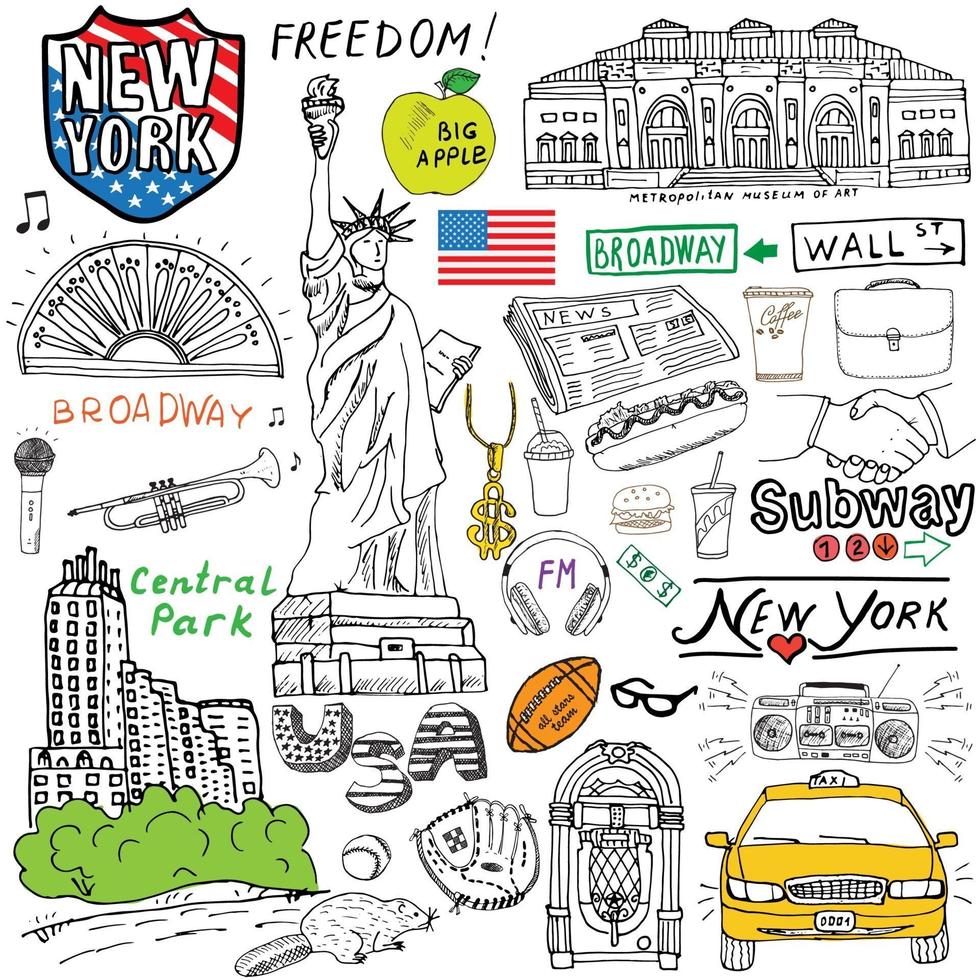 ciudad de nueva york garabatos elementos dibujados a mano conjunto con taxi café perrito caliente estatua de la libertad broadway música café periódico museo parque central dibujo doodle colección aislado en blanco vector