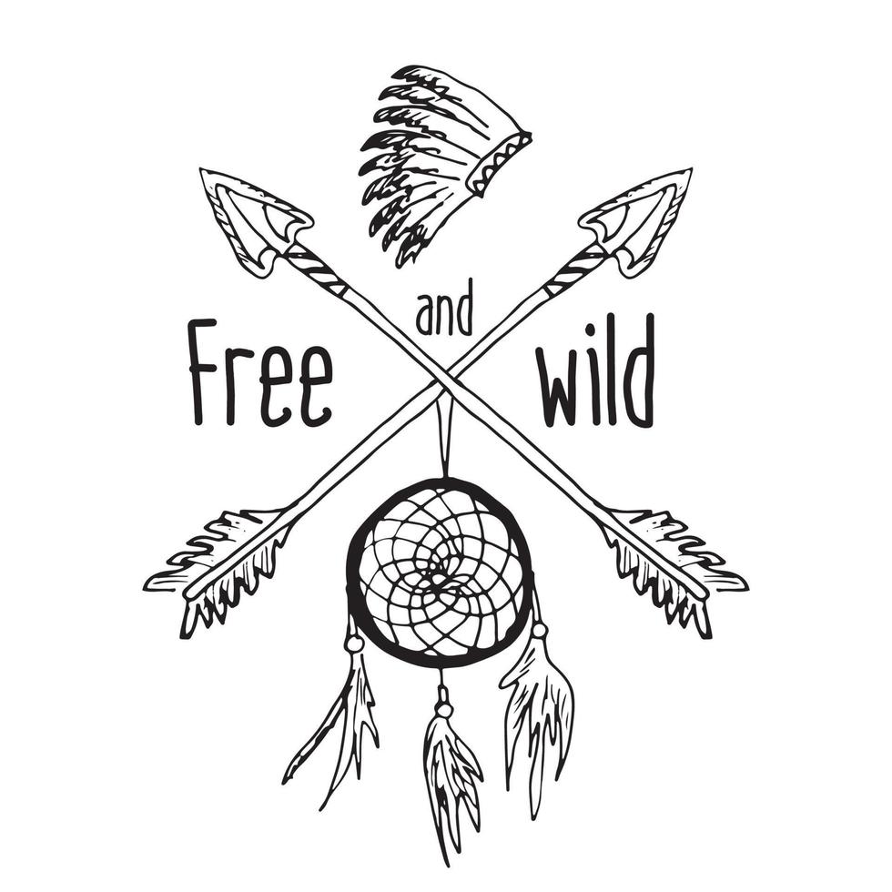 Dream catcher and crossed arrows tribal legend in Indian style with traditional headgear dreamcatcher with bird feathers and beads Vector vintage illustration Letters Free and Wild isolated