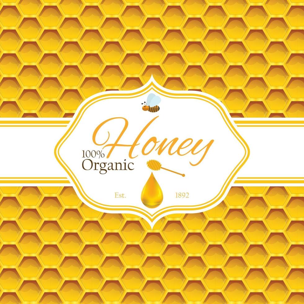 Plantilla de etiqueta de miel para productos de logotipo de miel con abeja y gota de miel sobre fondo de patrón de colores de panal vector