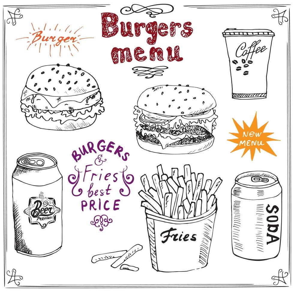 Menú de hamburguesas boceto dibujado a mano cartel de comida rápida con hamburguesa hamburguesa con queso palos de papa lata de refresco taza de café y lata de cerveza ilustración vectorial con letras vector