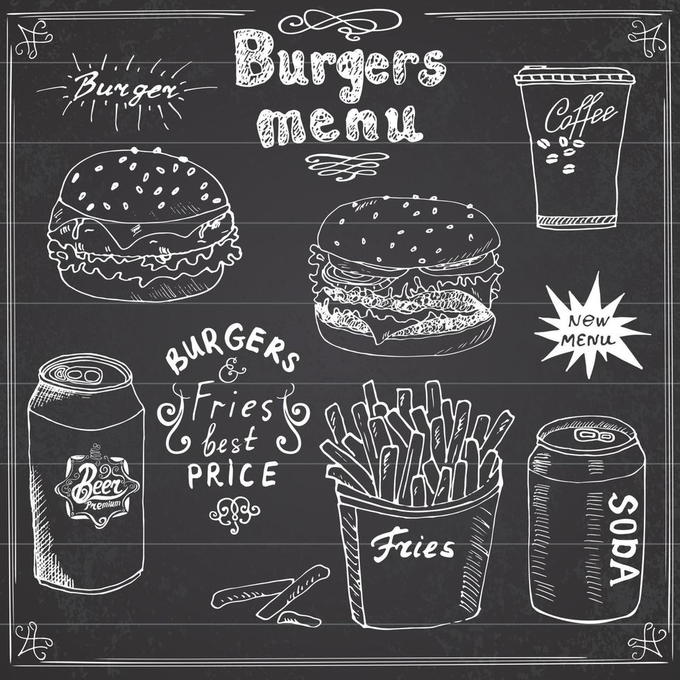 Burger Menu hand drawn sketch Fast food Poster with hamburger cheeseburger potato sticks soda can coffee mug and beer can Vector illustration with lettering on Chalkboard