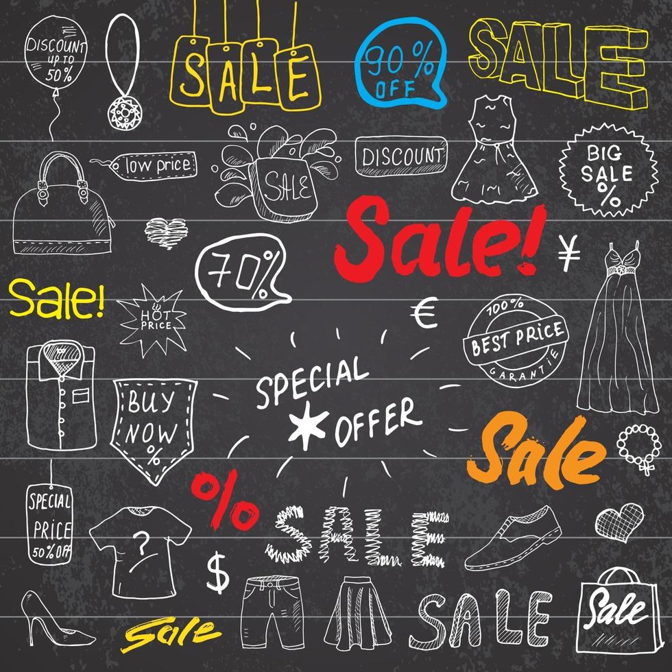 Sale signs and price discount tags shopping associated symbols Hand Drawn set of design elements with hand written Lettering Vector Illustration Sketchy Doodles