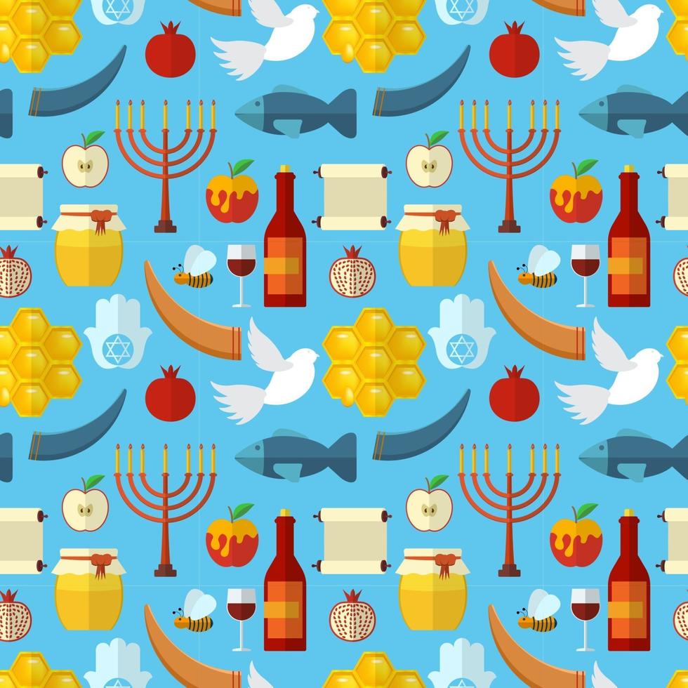 rosh hashaná shana tova o año nuevo judío de patrones sin fisuras con miel manzana pescado abeja botella torá y otros artículos tradicionales vector