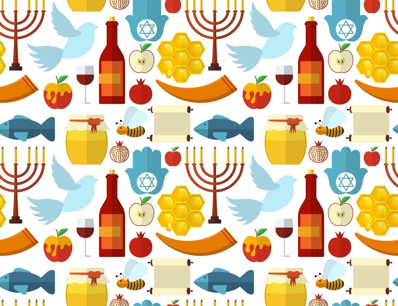 rosh hashaná shana tova o año nuevo judío de patrones sin fisuras con miel manzana pescado abeja botella torá y otros artículos tradicionales vector