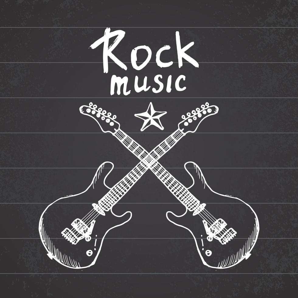Guitarra de boceto dibujado a mano de música rock con caja de sonido y texto amo la ilustración de vector de rock en pizarra
