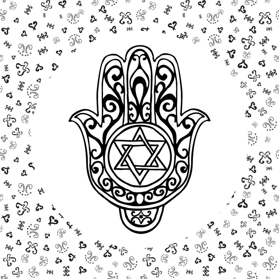 Hand drawn sketch of traditional Jewish religious symbols hand of Miriam palm of David star of David Rosh Hashanah Hanukkah Shana Tova vector illustration on ornamental pattern