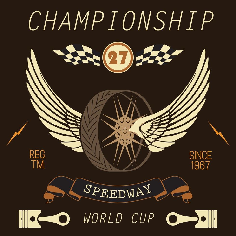 camiseta impresión diseño tipografía gráficos speedway campeonato palabra copa serie vector ilustración insignia aplique etiqueta