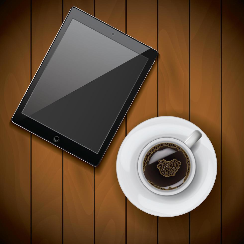 Nueva plantilla de maqueta de tableta realista con taza de café sobre fondo de madera vector