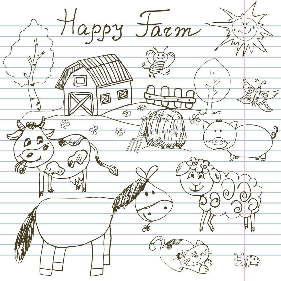 Happy farm doodles icons set Hand drawn sketch with horse cow sheep pig and barn childlike cartoony sketchy vector illustration on notebook paper background