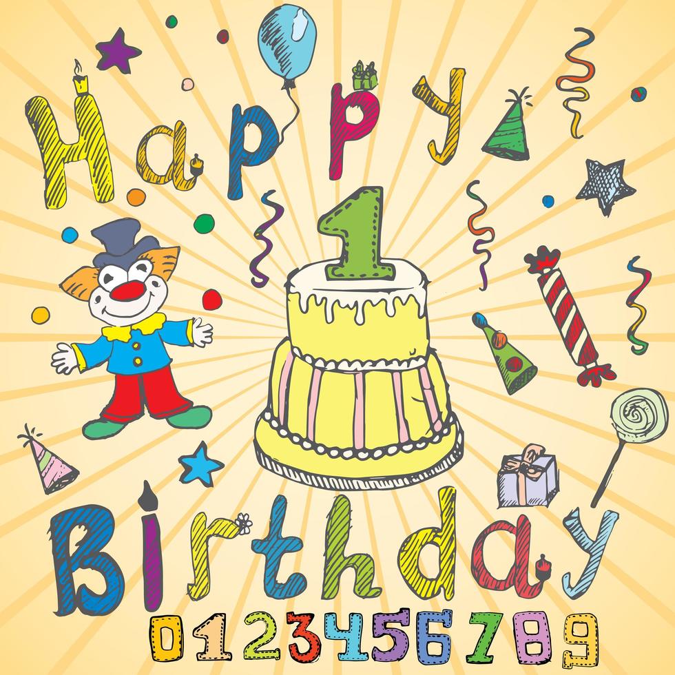 Elementos de la fiesta de cumpleaños boceto dibujado a mano de color con números vector