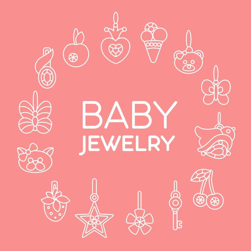 Icons of baby jewelry on color background set of icons vector line illustration