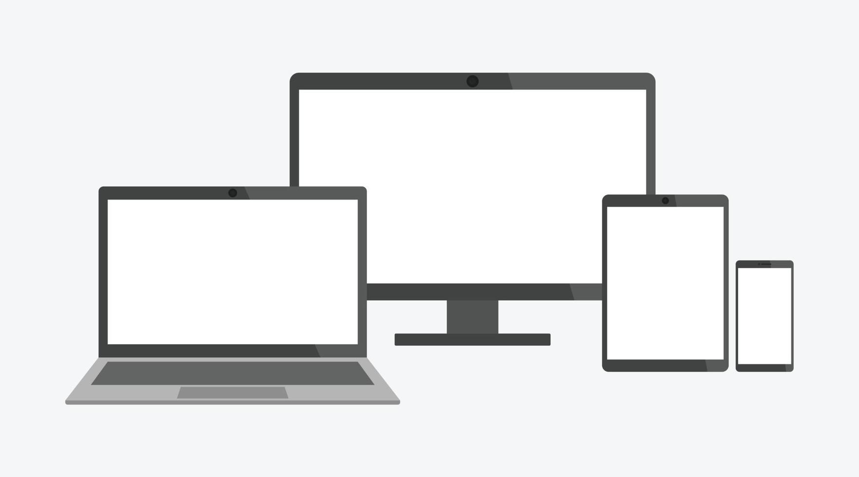 Conjunto de dispositivos electrónicos, computadora de escritorio portátil, tableta y teléfono inteligente. vector