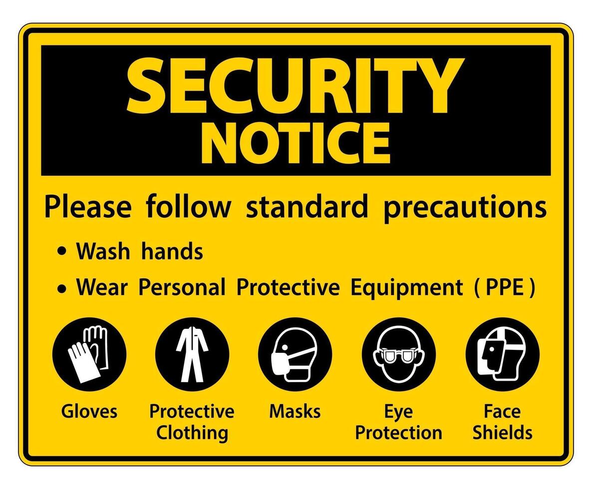Security Notice Please follow standard precautions Wash hands wear Personal Protective Equipment PPE Gloves Protective Clothing Masks Eye Protection Face Shield vector