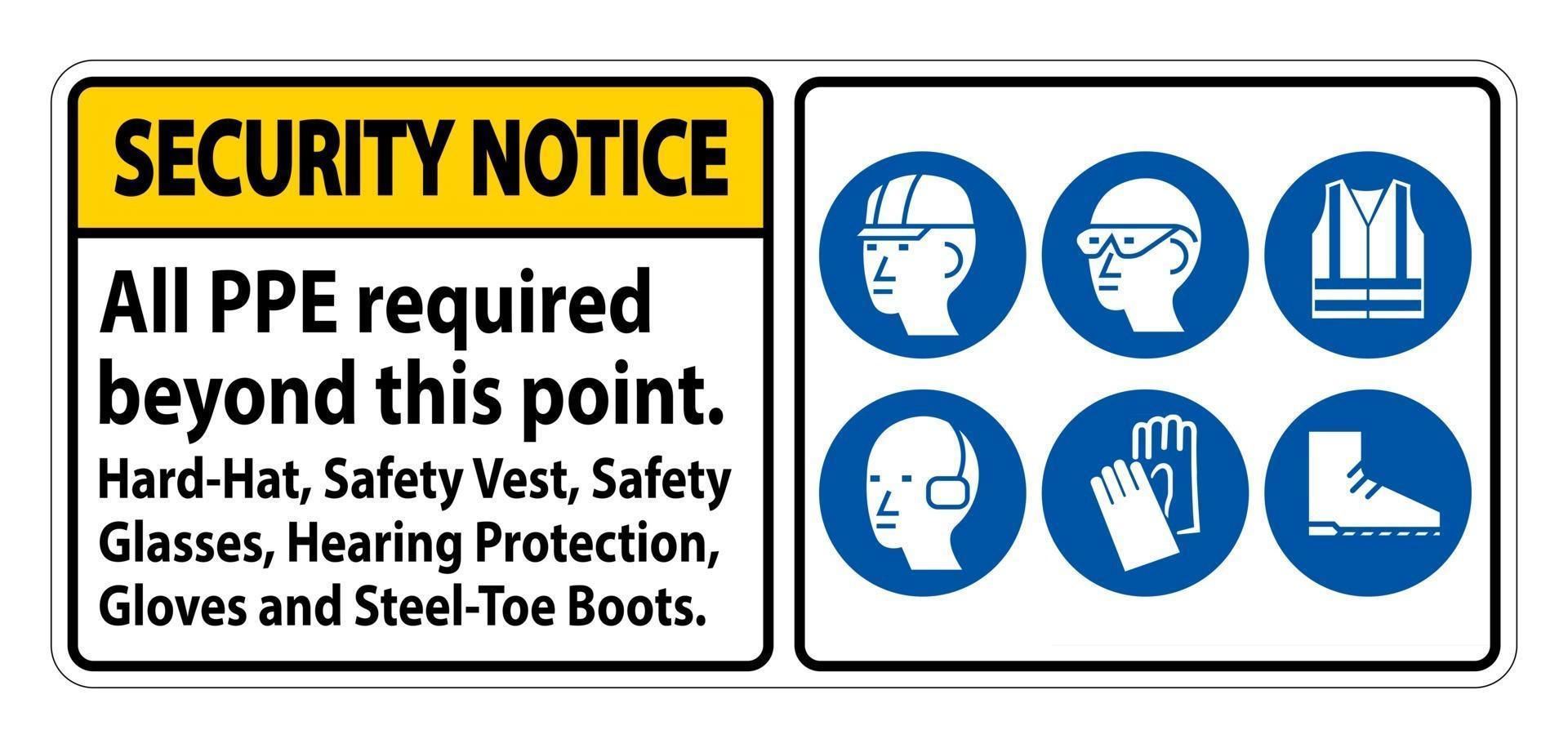 Security Notice PPE Required Beyond This Point Hard Hat Safety Vest Safety Glasses Hearing Protection vector