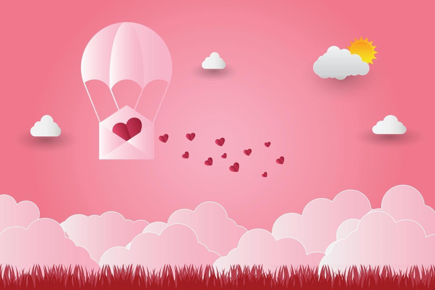 Valentines day balloons in a heart shaped flying over grass view background paper art style vector