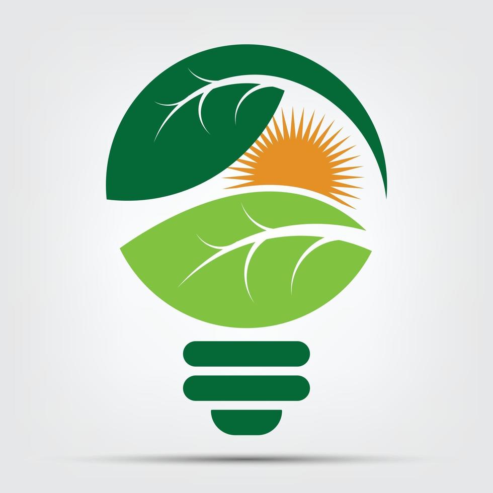 logotipos de bombilla de ecología de color verde con sol y hojas de elemento de la naturaleza vector