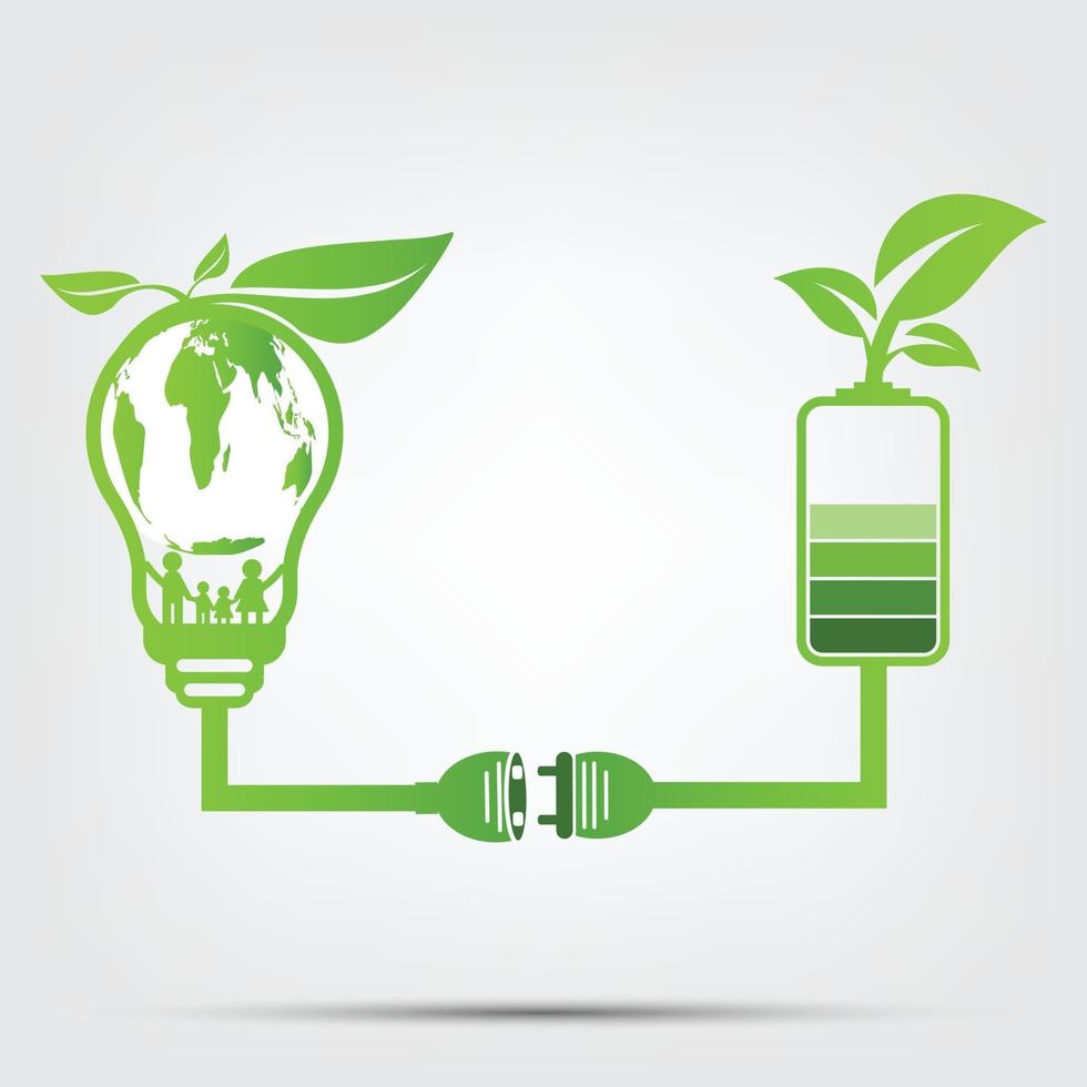 Family ecology concept in the world is in the energy saving light bulb green Power plug leaves ecology battery green vector
