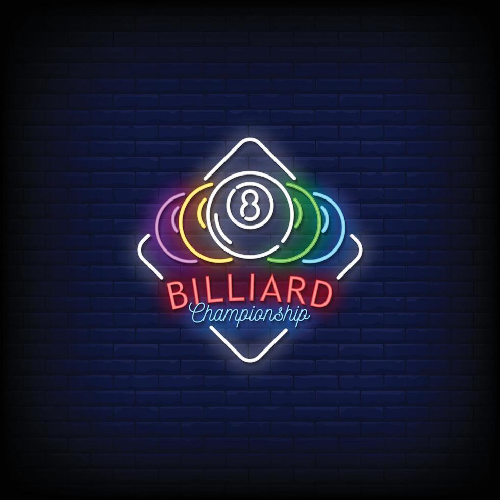 Billiard Championship Neon Signs Style Text Vector