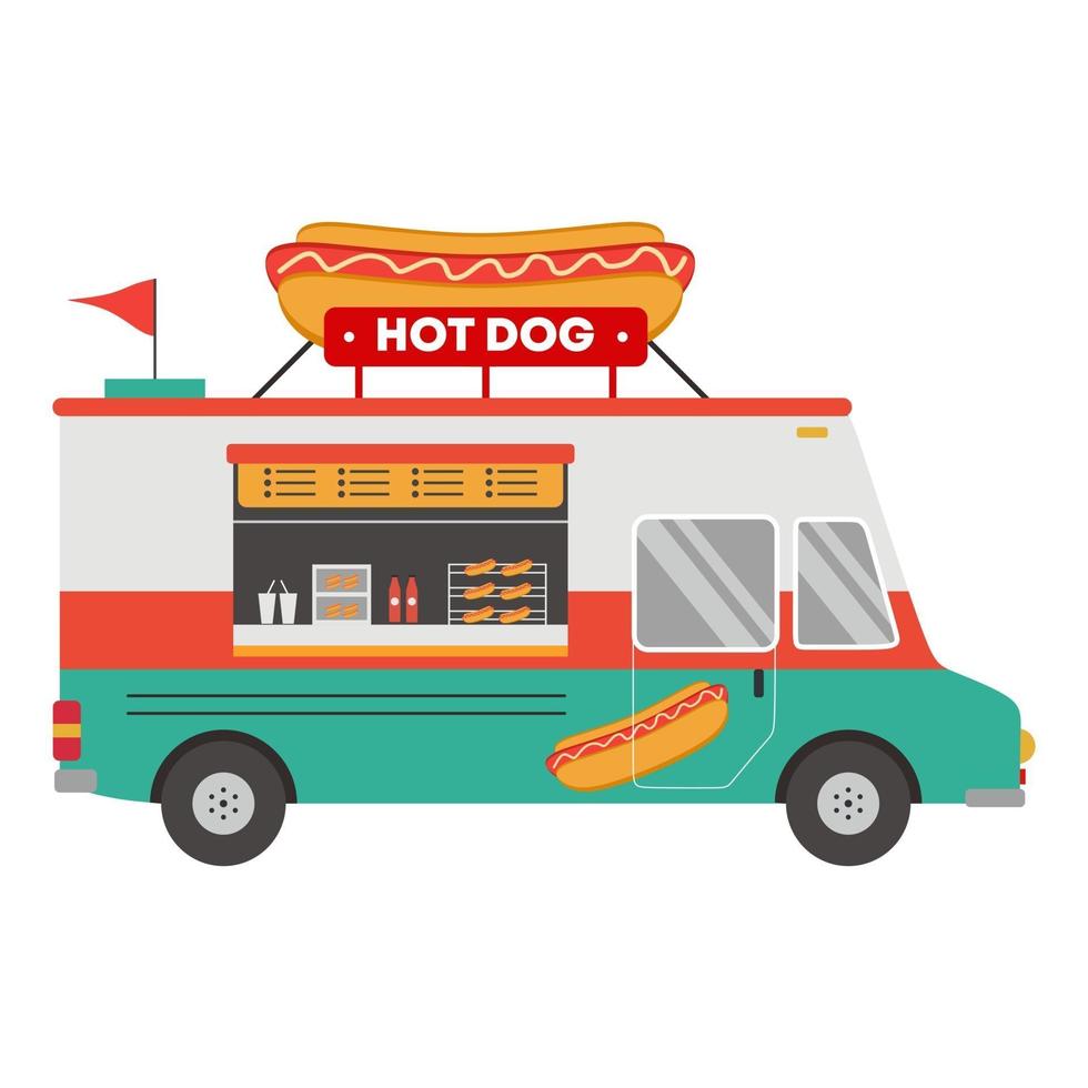 Vector icono de dibujos animados planos de moda en vehículos de comida callejera con camión de hot dog aislado sobre fondo blanco