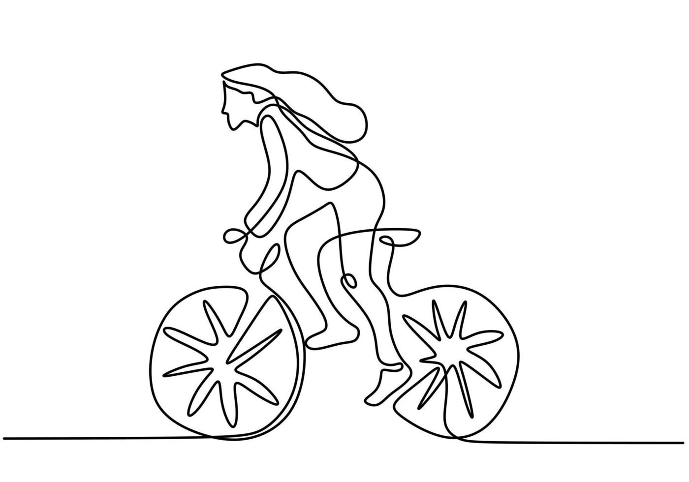 Continuous single line drawing of young girl bicycle racer focus train her skill  on the street vector