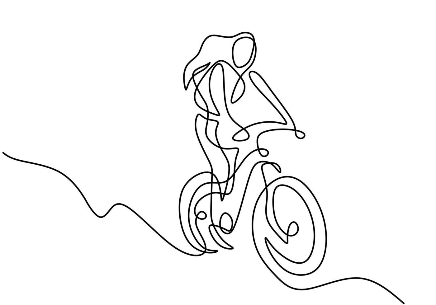 One continuous line drawing of young sporty woman riding bicycle and performs a trick on bicycle vector