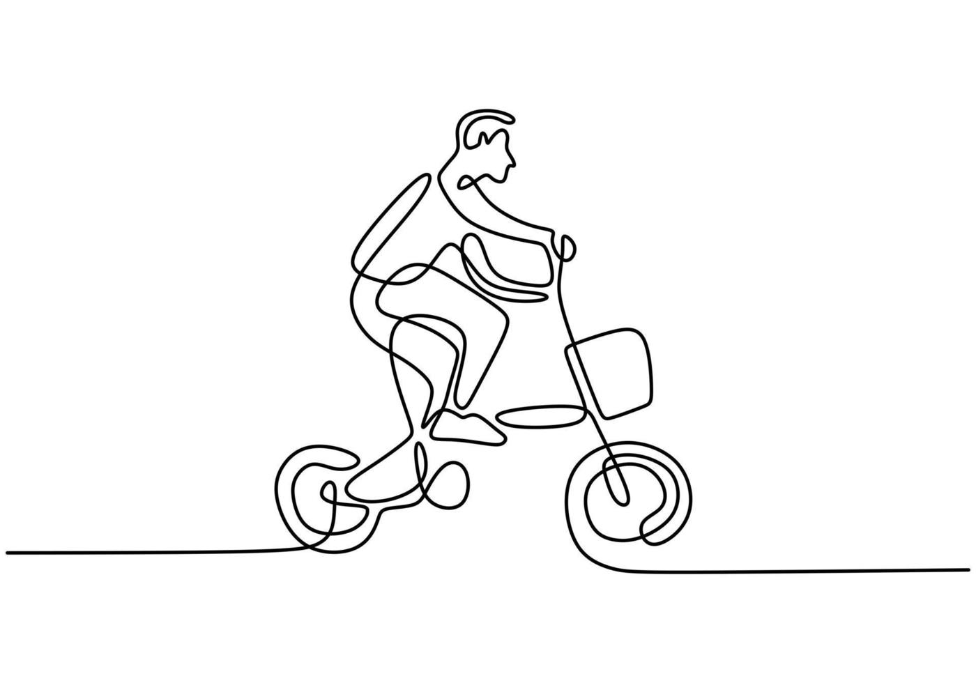 One continuous line drawing of young energetic man cycling ride folding bicycle vector