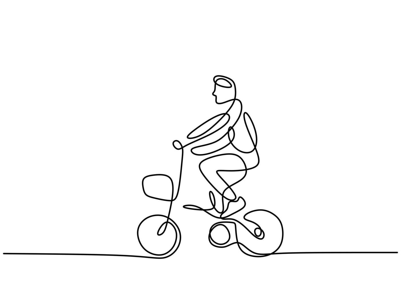 One continuous line drawing of young energetic man cycling ride folding bicycle to exercise vector