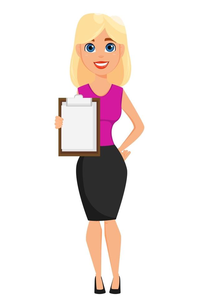 Cute blonde businesswoman holds blank clipboard vector