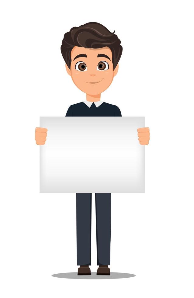 Young handsome smiling businessman holding blank banner vector