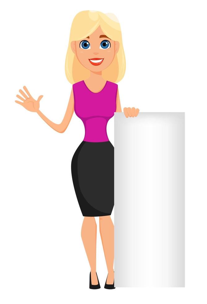  personaje de dibujos animados de mujer de negocios de pie cerca de cartel en blanco   Vector en Vecteezy