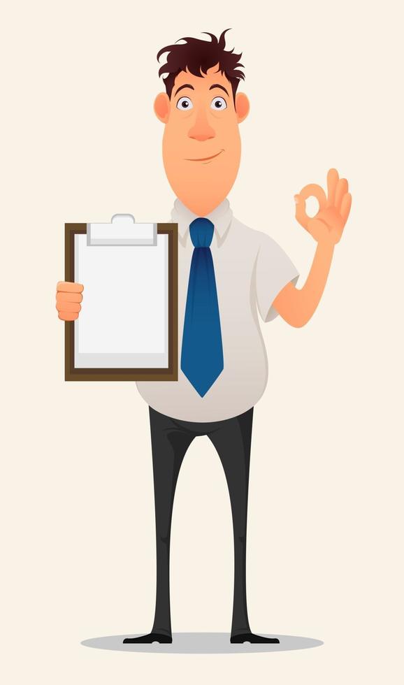 Funny businessman holding blank clipboard and showing OK gesture vector